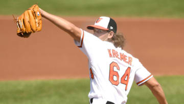 BALTIMORE, MD - SEPTEMBER 06: Dean Kremer #64 of the Baltimore Orioles pitches in his Major League debut in the first inning against the New York Yankees at Oriole Park at Camden Yards on September 6, 2020 in Baltimore, Maryland. (Photo by Mitchell Layton/Getty Images)