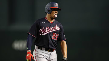PHOENIX, AZ - JULY 22: Juan Soto #22 of the Washington Nationals reacts on the base path during the MLB game against the Arizona Diamondbacks at Chase Field on July 22, 2022 in Phoenix, Arizona. (Photo by Mike Christy/Getty Images)