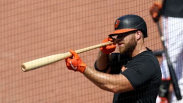 BALTIMORE, MARYLAND - JULY 03: Chris Davis #19 of the Baltimore Orioles looks at his bat while waiting to take live batting practice during the Orioles first summer workout at Oriole Park at Camden Yards on July 03, 2020 in Baltimore, Maryland. (Photo by Rob Carr/Getty Images)