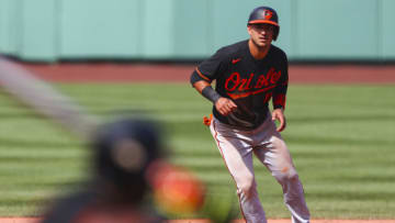 BOSTON, MA - JULY 26: Jose Iglesias #11 of the Baltimore Orioles leads from second base during a game against the Boston Red Sox at Fenway Park on July 26, 2020 in Boston, Massachusetts. (Photo by Adam Glanzman/Getty Images)