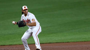 BALTIMORE, MARYLAND - JULY 29: Rio Ruiz #14 of the Baltimore Orioles throws to first base against the New York Yankees at Oriole Park at Camden Yards on July 29, 2020 in Baltimore, Maryland. (Photo by Rob Carr/Getty Images)