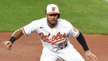 BALTIMORE, MD - AUGUST 17: Anthony Santander #25 of the Baltimore Orioles leads off first base during a baseball game against the Toronto Blue Jays at Oriole Park at Camden Yards on August 17, 2020 in Baltimore, Maryland. (Photo by Mitchell Layton/Getty Images)