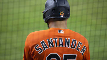 BALTIMORE, MD - AUGUST 22: Anthony Santander #25 of the Baltimore Orioles prepares to bat against the Boston Red Sox during the first inning at Oriole Park at Camden Yards on August 22, 2020 in Baltimore, Maryland. (Photo by Scott Taetsch/Getty Images)