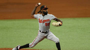 ST PETERSBURG, FLORIDA - AUGUST 26: Miguel Castro #50 of the Baltimore Orioles pitches during a game against the Tampa Bay Rays at Tropicana Field on August 26, 2020 in St Petersburg, Florida. (Photo by Mike Ehrmann/Getty Images)