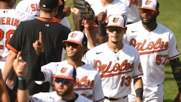 BALTIMORE, MD - SEPTEMBER 06: Andrew Velazquez #13 of the Baltimore Orioles celebrates a win after a game baseball game against the New York Yankees at Oriole Park at Camden Yards on September 6, 2020 in Baltimore, Maryland. (Photo by Mitchell Layton/Getty Images)