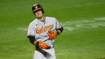NEW YORK, NEW YORK - SEPTEMBER 09: Ryan Mountcastle #6 of the Baltimore Orioles reacts after getting hit by a pitch in the sixth inning against the New York Mets at Citi Field on September 09, 2020 in New York City. (Photo by Mike Stobe/Getty Images)