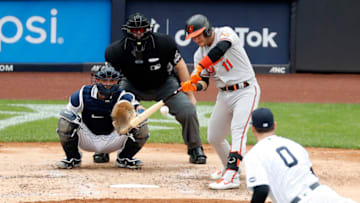 Jose Iglesias #11 of the Baltimore Orioles in action against Adam Ottavino #0 of the New York Yankees at Yankee Stadium on September 13, 2020 in New York City. The Yankees defeated the Orioles 3-1. (Photo by Jim McIsaac/Getty Images)
