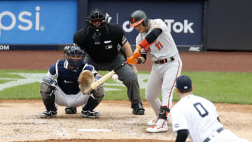 Jose Iglesias #11 of the Baltimore Orioles in action against Adam Ottavino #0 of the New York Yankees at Yankee Stadium on September 13, 2020 in New York City. The Yankees defeated the Orioles 3-1. (Photo by Jim McIsaac/Getty Images)