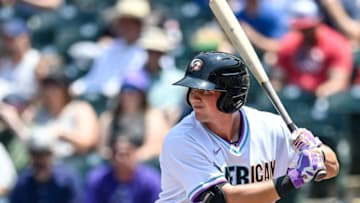 DENVER, CO - JULY 11: Adley Rutschman #35 of American League Futures Team bats against the National League Futures Team during a game at Coors Field on July 11, 2021 in Denver, Colorado.(Photo by Dustin Bradford/Getty Images)
