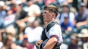 DENVER, CO - JULY 11: Adley Rutschman #35 of American League Futures Team looks on during a game against the National League Futures Team at Coors Field on July 11, 2021 in Denver, Colorado.(Photo by Dustin Bradford/Getty Images)