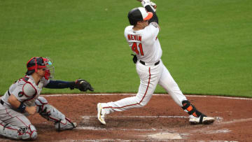 Tyler Nevin #41 of the Baltimore Orioles singles. (Photo by Patrick Smith/Getty Images)