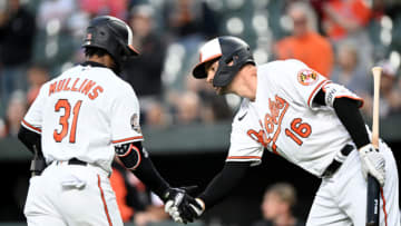 Cedric Mullins #31 of the Baltimore Orioles celebrates with Trey Mancini #16. (Photo by Greg Fiume/Getty Images)