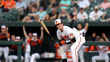 Adley Rutschman #35 of the Baltimore Orioles reacts after being called out. (Photo by Rob Carr/Getty Images)