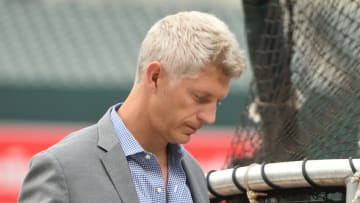 BALTIMORE, MD - JUNE 22: Executive Vice President Mike Elias of the Baltimore Orioles looks on before a baseball game against the Washington Nationals at Oriole Park at Camden Yards on June 22, 2022 in Baltimore, Maryland. (Photo by Mitchell Layton/Getty Images)