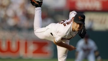 5 Oct 1997: Pitcher Mike Mussina of the Baltimore Orioles throws the ball during a game against the Seattle Mariners at Camden Yards in Baltimore, Maryland. The Orioles won the game, 3-1.