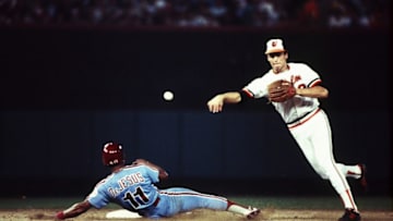BALTIMORE, MD - OCTOBER 12: Cal Ripken Jr. of the Baltimore Orioles turns a double play during World Series game two between the Philadelphia Phillies and Baltimore Orioles on October 12, 1983 at Memorial Stadium in Baltimore, Maryland. The Orioles defeated the Phillies 4-1. (Photo by Rich Pilling/Getty Images)