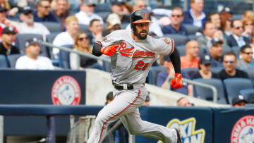 NEW YORK, NY - SEPTEMBER 24: Nick Markakis #21 of the Baltimore Orioles in action against the New York Yankees at Yankee Stadium on September 24, 2014 in the Bronx borough of New York City. The Orioles defeated the Yankees 9-5. (Photo by Jim McIsaac/Getty Images)