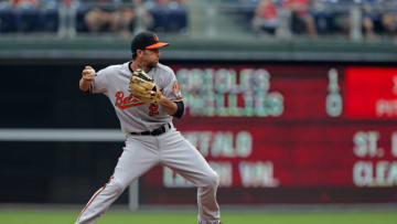 PHILADELPHIA - JUNE 18: J.J. Hardy #2 of the Baltimore Orioles turns a double play in the second inning during a game against the Philadelphia Phillies at Citizens Bank Park on June 18, 2015 in Philadelphia, Pennsylvania. (Photo by Hunter Martin/Getty Images)