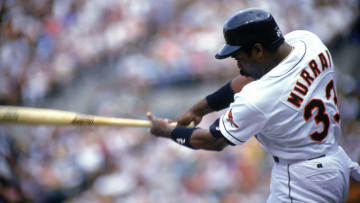BALTIMORE - 1996: Eddie Murray of the Baltimore Orioles bats during an MLB game at Oriole Park in Camden Yards in Baltimore, Maryland. (Photo by John Reid III/MLB Photos via Getty Images)