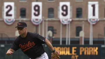 2 Apr 2000: Cal Ripken #8 of the Baltimore Orioles practices with the team on the eve of opening day at Oriole Park at Camden Yards in Baltimore, Maryland. Ripken has 2991 career hits and is in pursuit of his 3000th. <> Mandatory Credit: Doug Pensinger/ALLSPORT