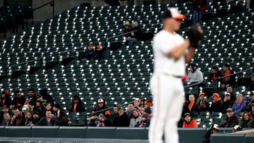 BALTIMORE, MD - APRIL 9: Fans look on as starting pitcher Dylan Bundy #37 of the Baltimore Orioles throws to a Toronto Blue Jays batter in the first inning at Oriole Park at Camden Yards on April 9, 2018 in Baltimore, Maryland. (Photo by Rob Carr/Getty Images)