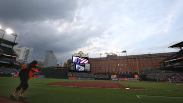 BALTIMORE, MD - May 15: The Oriole Bird mascot runs on the field during a rain delay of the Baltimore Orioles and Philadelphia Phillies game at Oriole Park at Camden Yards on May 15, 2018 in Baltimore, Maryland. (Photo by Rob Carr/Getty Images)