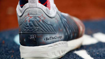 WASHINGTON, DC - JULY 15: A detailed view of a baseball cleat that reads 'Be The Change' during the SiriusXM All-Star Futures Game at Nationals Park on July 15, 2018 in Washington, DC. (Photo by Patrick McDermott/Getty Images)