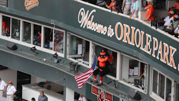 BALTIMORE, MD - JUNE 26: The Oriole Bird mascot waves an American flag from the press box during the Baltimore Orioles and Cincinnati Reds at Oriole Park at Camden Yards on June 26, 2011 in Baltimore, Maryland. (Photo by Rob Carr/Getty Images)