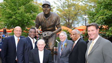 BALTIMORE, MD - SEPTEMBER 29: Former Oriole Brooks Robinson poses for photos with former Orioles Cal Ripken Jr., Eddie Murray, Earl Weaver, Frank Robinson and Jim Palmer at a ceremony in his honor before the game between the Baltimore Orioles and the Boston Red Sox at Oriole Park at Camden Yards on September 29, 2012 in Baltimore, Maryland. (Photo by Greg Fiume/Getty Images)