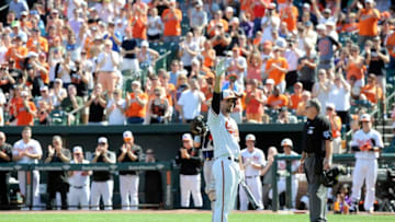 BALTIMORE, MD - SEPTEMBER 24: J.J. Hardy #2 of the Baltimore Orioles waves to the crowd after getting a standing ovation before his first at bat in the first inning against the Tampa Bay Rays at Oriole Park at Camden Yards on September 24, 2017 in Baltimore, Maryland. (Photo by Greg Fiume/Getty Images)