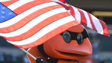 BALTIMORE, MD - SEPTEMBER 24: The Baltimore Orioles mascot waves the American Flag during the seventh inning stretch against the Tampa Bay Rays at Oriole Park at Camden Yards on September 24, 2017 in Baltimore, Maryland. (Photo by Greg Fiume/Getty Images)