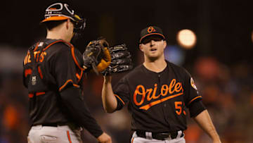 SAN FRANCISCO, CA - AUGUST 12: Catcher Matt Wieters #32 of the Baltimore Orioles celebrates with pitcher Zach Britton #53 of the Baltimore Orioles after a win against San Francisco Giants in an interleague game at AT&T Park on August 12, 2016 in San Francisco, California. (Photo by Lachlan Cunningham/Getty Images)