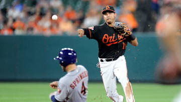 BALTIMORE, MD - JULY 21: Ruben Tejada #17 of the Baltimore Orioles forces out George Springer #4 of the Houston Astros to start a double play in the eighth inning at Oriole Park at Camden Yards on July 21, 2017 in Baltimore, Maryland. (Photo by Greg Fiume/Getty Images)