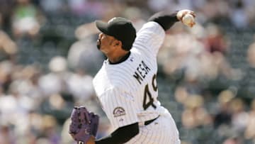 DENVER - JUNE 4: Jose Mesa #49 of the Colorado Rockies pitches against the Florida Marlins on June 4, 2006 at Coors Field in Denver, Colorado. The Marlins defeated the Rockies 4-3. (Photo by Brian Bahr/Getty Images)