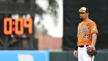 SARASOTA, FLORIDA - FEBRUARY 26: Jace Peterson #29 of the Baltimore Orioles stands in front of a pitch clock during the eighth inning of a baseball game against the Tampa Bay Rays at Ed Smith Stadium on February 26, 2019 in Sarasota, Florida. (Photo by Julio Aguilar/Getty Images)