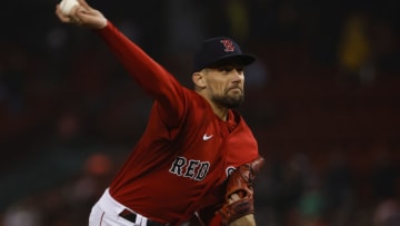 BOSTON, MA - OCTOBER 4: Nathan Eovaldi #17 of the Boston Red Sox pitches against the Tampa Bay Rays during the second inning at Fenway Park on October 4, 2022 in Boston, Massachusetts. (Photo By Winslow Townson/Getty Images)