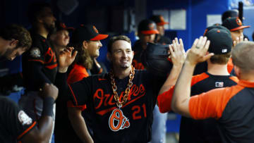 Austin Hays #21 of the Baltimore Orioles celebrates a solo home run. (Photo by Vaughn Ridley/Getty Images)