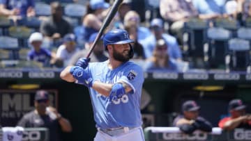 KANSAS CITY, MO - JULY 10: Cam Gallagher #36 of the Kansas City Royals bats against the Cleveland Guardians in the sixth inning at Kauffman Stadium on July 10, 2022 in Kansas City, Missouri. (Photo by Ed Zurga/Getty Images)