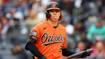 NEW YORK, NEW YORK - OCTOBER 01: Gunnar Henderson #2 of the Baltimore Orioles reacts after striking out in the first inning against the New York Yankees at Yankee Stadium on October 01, 2022 in the Bronx borough of New York City. (Photo by Elsa/Getty Images)