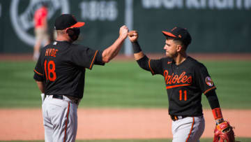 BOSTON, MA - JULY 25: Jose Iglesias #11 celebrates with Baltimore Orioles manager Brandon Hyde after defeating the Boston Red Sox at Fenway Park on July 25, 2020 in Boston, Massachusetts. (Photo by Kathryn Riley/Getty Images)