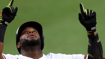 BALTIMORE, MARYLAND - JULY 30: Hanser Alberto #57 of the Baltimore Orioles celebrates after hitting a two RBI home run against the New York Yankees in the first inning at Oriole Park at Camden Yards on July 30, 2020 in Baltimore, Maryland. (Photo by Rob Carr/Getty Images)