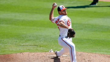 Mar 4, 2021; Sarasota, Florida, USA; Baltimore Orioles pitcher Bruce Zimmermann (50) pitches in the third inning during spring training at Ed Smith Stadium. Mandatory Credit: Nathan Ray Seebeck-USA TODAY Sports