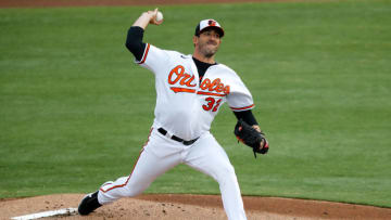 Mar 20, 2021; Sarasota, Florida, USA; Baltimore Orioles starting pitcher Matt Harvey (32) pitches in the first inning against the New York Yankees during spring training at Ed Smith Stadium. Mandatory Credit: Nathan Ray Seebeck-USA TODAY Sports