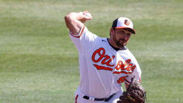Mar 12, 2021; Sarasota, Florida, USA; Baltimore Orioles pitcher Mickey Jannis (89) pitches the eighth inning during spring training at Ed Smith Stadium. Mandatory Credit: Nathan Ray Seebeck-USA TODAY Sports