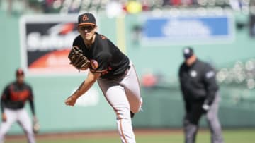 Apr 2, 2021; Boston, Massachusetts, USA; Baltimore Orioles pitcher John Means (47) delivers a pitch during the first inning against the Boston Red Sox at Fenway Park. Mandatory Credit: Gregory Fisher-USA TODAY Sports