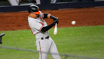Apr 5, 2021; Bronx, New York, USA; Baltimore Orioles second baseman Ramon Urias (29) singles against the New York Yankees during the fifth inning at Yankee Stadium. Mandatory Credit: Andy Marlin-USA TODAY Sports