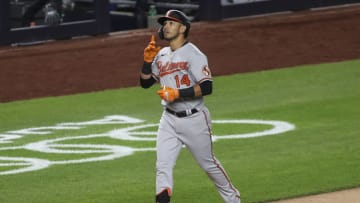 Apr 6, 2021; Bronx, New York, USA; Baltimore Orioles second baseman Rio Ruiz (14) after hitting a two-run home run in the ninth inning against the Baltimore Orioles at Yankee Stadium. Mandatory Credit: Wendell Cruz-USA TODAY Sports