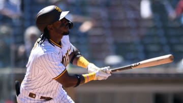 Apr 7, 2021; San Diego, California, USA; San Diego Padres center fielder Jorge Mateo (3) bats during the third inning against the San Francisco Giants at Petco Park. Mandatory Credit: Orlando Ramirez-USA TODAY Sports