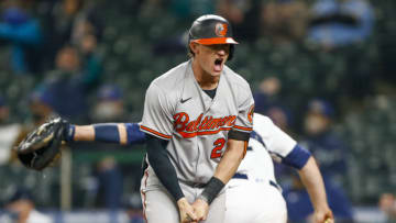 May 3, 2021; Seattle, Washington, USA; Baltimore Orioles right fielder Austin Hays (21) reacts after striking out to end the fifth inning against the Seattle Mariners at T-Mobile Park. Mandatory Credit: Joe Nicholson-USA TODAY Sports
