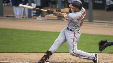 May 24, 2021; Minneapolis, Minnesota, USA; Baltimore Orioles right fielder Anthony Santander (25) hits a double in the sixth inning against the Minnesota Twins at Target Field. Mandatory Credit: Jesse Johnson-USA TODAY Sports